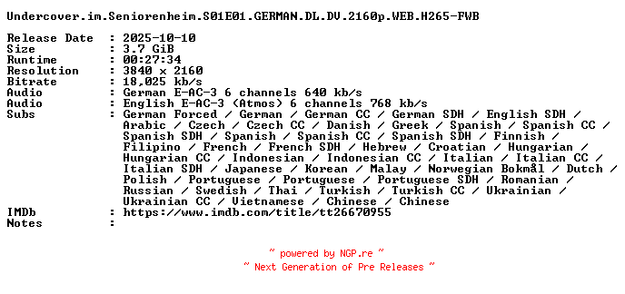 NFO for the release Undercover.im.Seniorenheim.S01E01.GERMAN.DL.DV.2160p.WEB.H265-FWB by FWB