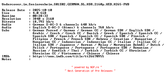 NFO for the release Undercover.im.Seniorenheim.S01E02.GERMAN.DL.HDR.2160p.WEB.H265-FWB by FWB