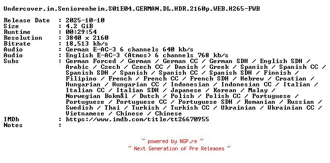 NFO for the release Undercover.im.Seniorenheim.S01E04.GERMAN.DL.HDR.2160p.WEB.H265-FWB by FWB