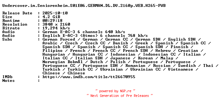 NFO for the release Undercover.im.Seniorenheim.S01E06.GERMAN.DL.DV.2160p.WEB.H265-FWB by FWB