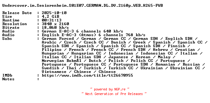 NFO for the release Undercover.im.Seniorenheim.S01E07.GERMAN.DL.DV.2160p.WEB.H265-FWB by FWB