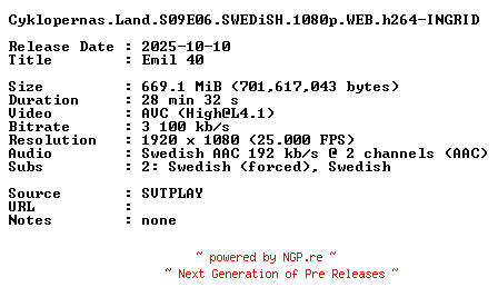 NFO for the release Cyklopernas.Land.S09E06.SWEDiSH.1080p.WEB.h264-INGRID by INGRID