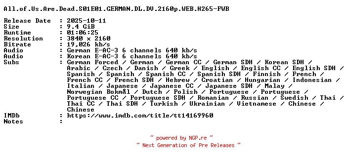 NFO for the release All.of.Us.Are.Dead.S01E01.GERMAN.DL.DV.2160p.WEB.H265-FWB by FWB