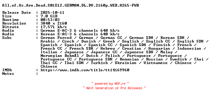 NFO for the release All.of.Us.Are.Dead.S01E12.GERMAN.DL.DV.2160p.WEB.H265-FWB by FWB