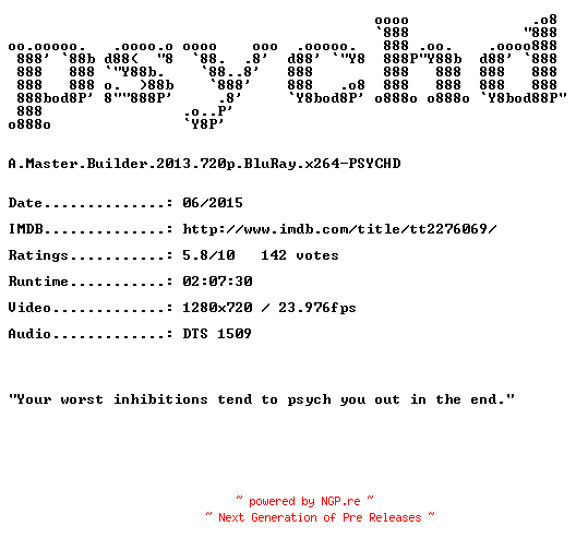 NFO for the release A.Master.Builder.2013.720p.BluRay.x264-PSYCHD by PSYCHD
