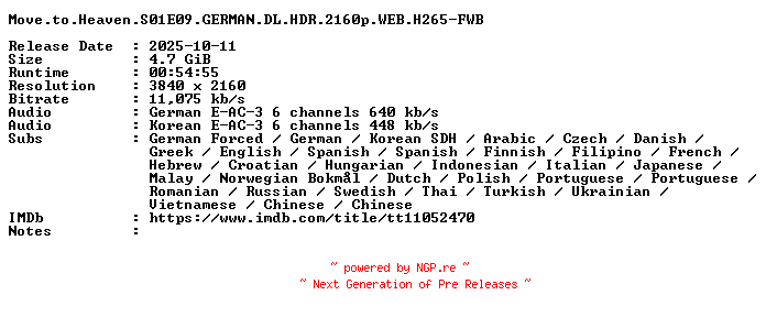 NFO for the release Move.to.Heaven.S01E09.GERMAN.DL.HDR.2160p.WEB.H265-FWB by FWB