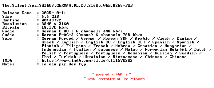 NFO for the release The.Silent.Sea.S01E03.GERMAN.DL.DV.2160p.WEB.H265-FWB by FWB