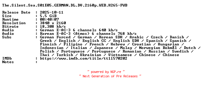 NFO for the release The.Silent.Sea.S01E05.GERMAN.DL.DV.2160p.WEB.H265-FWB by FWB