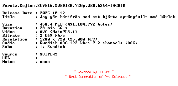 NFO for the release Forsta.Dejten.S09E16.SWEDiSH.720p.WEB.h264-INGRID by INGRID