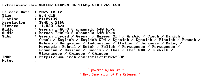 NFO for the release Extracurricular.S01E02.GERMAN.DL.2160p.WEB.H265-FWB by FWB