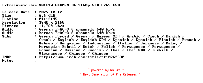 NFO for the release Extracurricular.S01E10.GERMAN.DL.2160p.WEB.H265-FWB by FWB