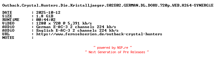 NFO for the release Outback.Crystal.Hunters.Die.Kristalljaeger.S02E02.GERMAN.DL.DOKU.720p.WEB.H264-SYNERGiE by SYNERGiE