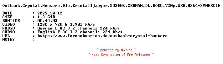 NFO for the release Outback.Crystal.Hunters.Die.Kristalljaeger.S02E05.GERMAN.DL.DOKU.720p.WEB.H264-SYNERGiE by SYNERGiE