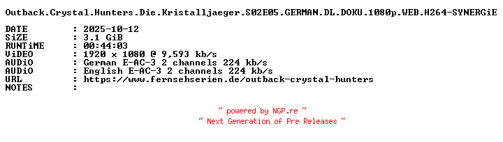 NFO for the release Outback.Crystal.Hunters.Die.Kristalljaeger.S02E05.GERMAN.DL.DOKU.1080p.WEB.H264-SYNERGiE by SYNERGiE