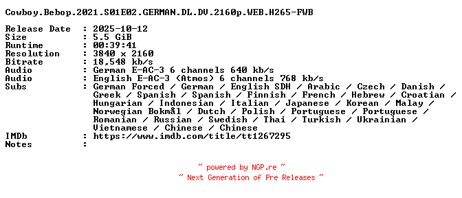 NFO for the release Cowboy.Bebop.2021.S01E02.GERMAN.DL.DV.2160p.WEB.H265-FWB by FWB