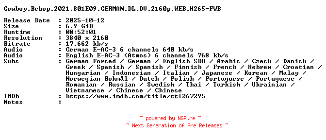 NFO for the release Cowboy.Bebop.2021.S01E09.GERMAN.DL.DV.2160p.WEB.H265-FWB by FWB