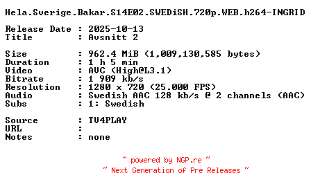 NFO for the release Hela.Sverige.Bakar.S14E02.SWEDiSH.720p.WEB.h264-INGRID by INGRID