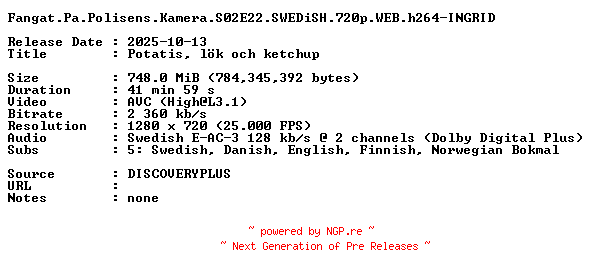 NFO for the release Fangat.Pa.Polisens.Kamera.S02E22.SWEDiSH.720p.WEB.h264-INGRID by INGRID