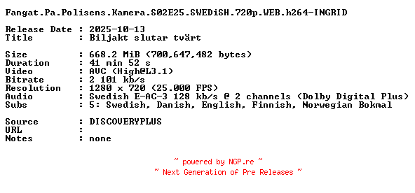 NFO for the release Fangat.Pa.Polisens.Kamera.S02E25.SWEDiSH.720p.WEB.h264-INGRID by INGRID