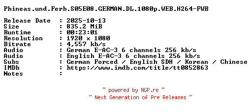 NFO for the release Phineas.und.Ferb.S05E08.GERMAN.DL.1080p.WEB.H264-FWB by FWB