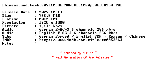 NFO for the release Phineas.und.Ferb.S05E10.GERMAN.DL.1080p.WEB.H264-FWB by FWB