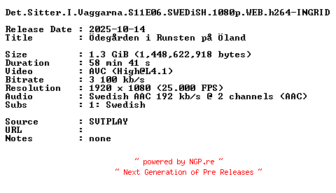 NFO for the release Det.Sitter.I.Vaggarna.S11E06.SWEDiSH.1080p.WEB.h264-INGRID by INGRID