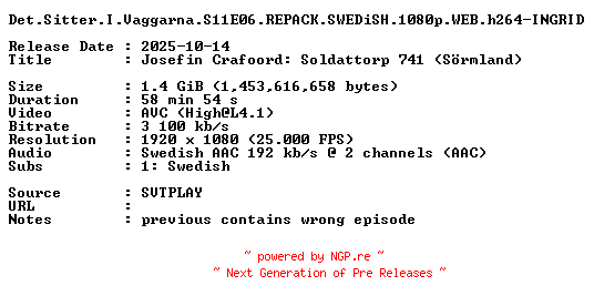 NFO for the release Det.Sitter.I.Vaggarna.S11E06.REPACK.SWEDiSH.1080p.WEB.h264-INGRID by INGRID