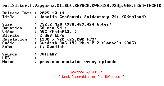 NFO for the release Det.Sitter.I.Vaggarna.S11E06.REPACK.SWEDiSH.720p.WEB.h264-INGRID by INGRID