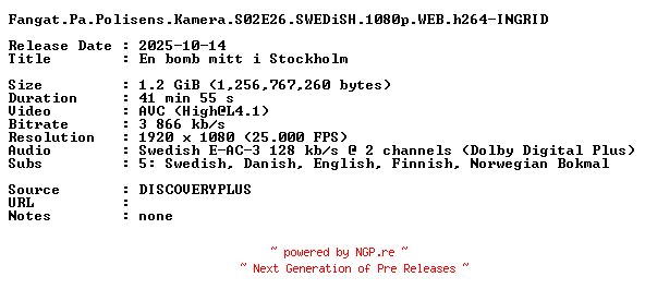 NFO for the release Fangat.Pa.Polisens.Kamera.S02E26.SWEDiSH.1080p.WEB.h264-INGRID by INGRID