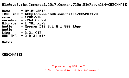 NFO for the release Blade.of.the.Immortal.2017.German.720p.BluRay.x264-CHECKMATE by CHECKMATE
