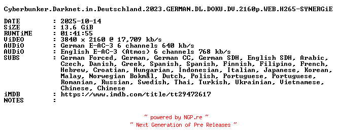 NFO for the release Cyberbunker.Darknet.in.Deutschland.2023.GERMAN.DL.DOKU.DV.2160p.WEB.H265-SYNERGiE by SYNERGiE