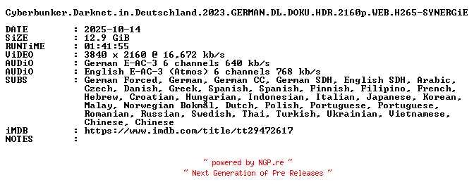 NFO for the release Cyberbunker.Darknet.in.Deutschland.2023.GERMAN.DL.DOKU.HDR.2160p.WEB.H265-SYNERGiE by SYNERGiE