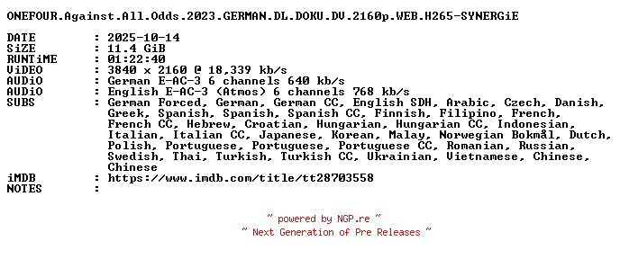 NFO for the release ONEFOUR.Against.All.Odds.2023.GERMAN.DL.DOKU.DV.2160p.WEB.H265-SYNERGiE by SYNERGiE