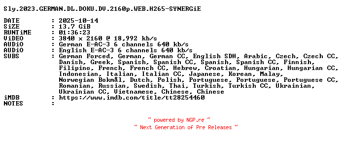 NFO for the release Sly.2023.GERMAN.DL.DOKU.DV.2160p.WEB.H265-SYNERGiE by SYNERGiE
