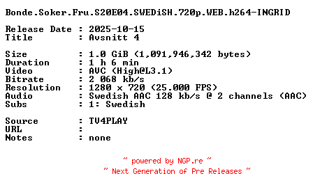 NFO for the release Bonde.Soker.Fru.S20E04.SWEDiSH.720p.WEB.h264-INGRID by INGRID