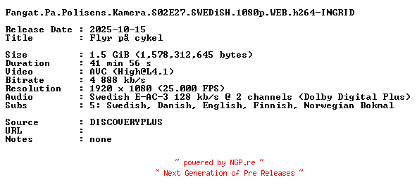 NFO for the release Fangat.Pa.Polisens.Kamera.S02E27.SWEDiSH.1080p.WEB.h264-INGRID by INGRID