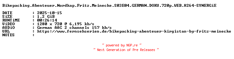 NFO for the release Bikepacking.Abenteuer.Nordkap.Fritz.Meinecke.S03E04.GERMAN.DOKU.720p.WEB.H264-SYNERGiE by SYNERGiE