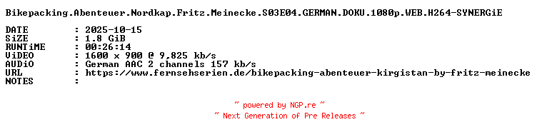 NFO for the release Bikepacking.Abenteuer.Nordkap.Fritz.Meinecke.S03E04.GERMAN.DOKU.1080p.WEB.H264-SYNERGiE by SYNERGiE