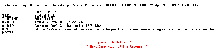 NFO for the release Bikepacking.Abenteuer.Nordkap.Fritz.Meinecke.S03E05.GERMAN.DOKU.720p.WEB.H264-SYNERGiE by SYNERGiE