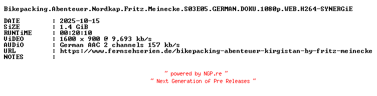 NFO for the release Bikepacking.Abenteuer.Nordkap.Fritz.Meinecke.S03E05.GERMAN.DOKU.1080p.WEB.H264-SYNERGiE by SYNERGiE