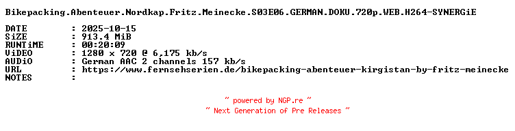 NFO for the release Bikepacking.Abenteuer.Nordkap.Fritz.Meinecke.S03E06.GERMAN.DOKU.720p.WEB.H264-SYNERGiE by SYNERGiE