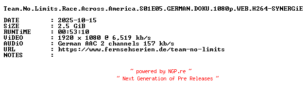 NFO for the release Team.No.Limits.Race.Across.America.S01E05.GERMAN.DOKU.1080p.WEB.H264-SYNERGiE by SYNERGiE