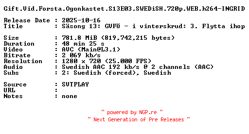 NFO for the release Gift.Vid.Forsta.Ogonkastet.S13E03.SWEDiSH.720p.WEB.h264-INGRID by INGRID