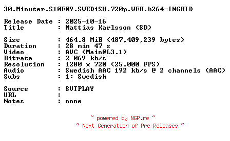 NFO for the release 30.Minuter.S10E09.SWEDiSH.720p.WEB.h264-INGRID by INGRID