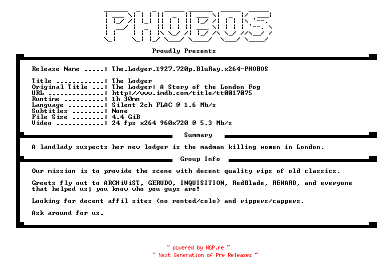 NFO for the release The.Lodger.1927.720p.BluRay.x264-PHOBOS by PHOBOS