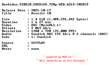 NFO for the release Doobidoo.S20E10.SWEDiSH.720p.WEB.h264-INGRID by INGRID