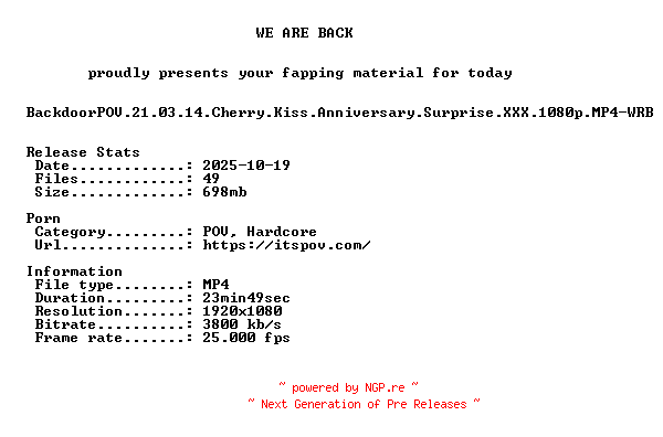 NFO for the release BackdoorPOV.21.03.14.Cherry.Kiss.Anniversary.Surprise.XXX.1080p.MP4-WRB by WRB