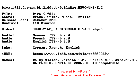 NFO for the release Diva.1981.German.DL.2160p.UHD.BluRay.HEVC-UNTHEVC by UNTHEVC