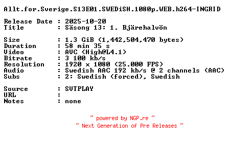 NFO for the release Allt.for.Sverige.S13E01.SWEDiSH.1080p.WEB.h264-INGRID by INGRID