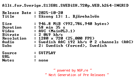 NFO for the release Allt.for.Sverige.S13E01.SWEDiSH.720p.WEB.h264-INGRID by INGRID